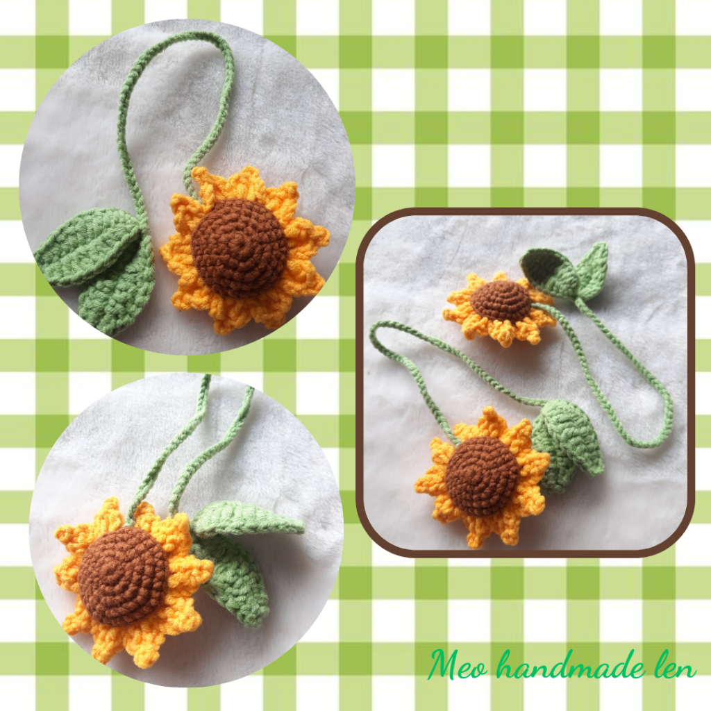 Dây treo túi, đánh dấu trang sách hoa hướng dương và ong - Handmade len - Crochet - Amigurumi