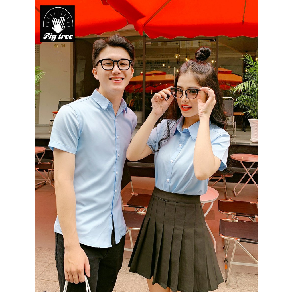 Áo Sơ Mi Cặp Fig Tree Tay Ngắn Màu Xanh Nhạt Nhã Nhặn