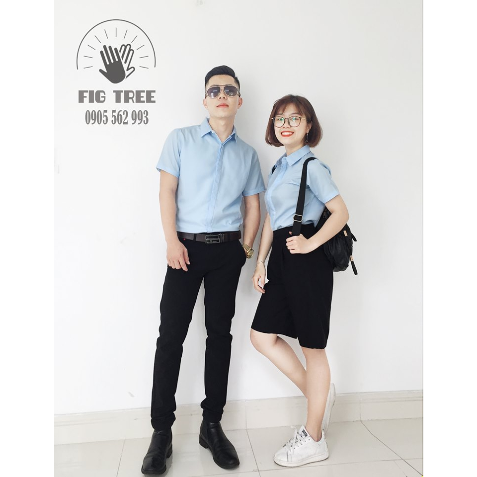 Áo Sơ Mi Cặp Fig Tree Tay Ngắn Màu Xanh Nhạt Nhã Nhặn