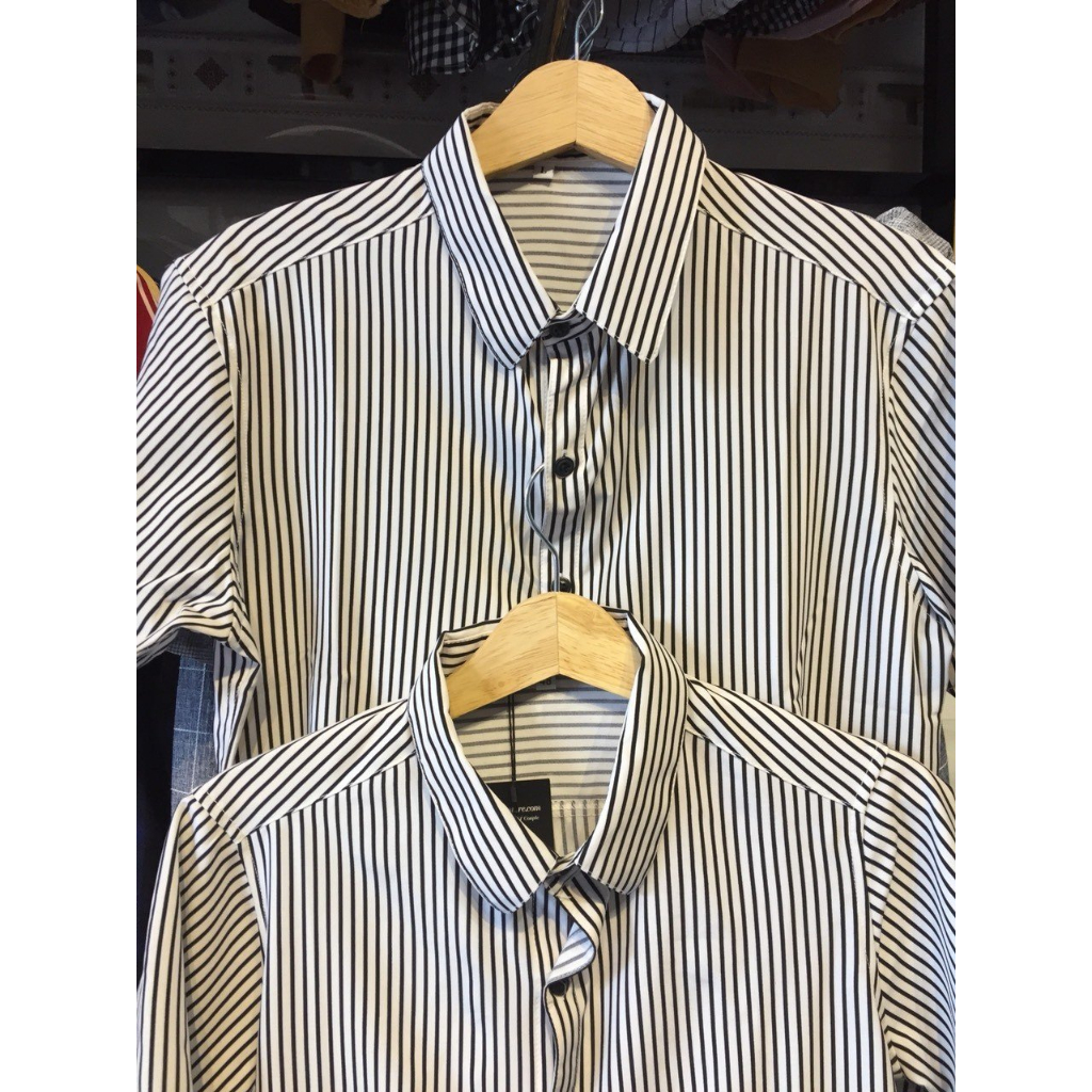 Áo Sơ Mi Cặp Nam Nữ Tay Ngắn Fig Tree Sọc Đứng Đen, Chất cotton Mềm mịn, Co Giản, Năng Động (Mã 159)