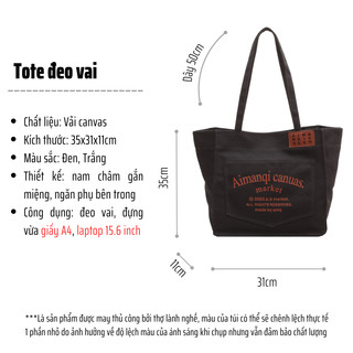 Túi tote túi vải canvas nữ đeo vai có ngăn phụ họa tiết chữ phong cách ulzzang