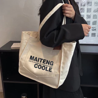 Túi tote túi vải canvas nữ đeo vai có ngăn phụ họa tiết chữ phong cách ulzzang