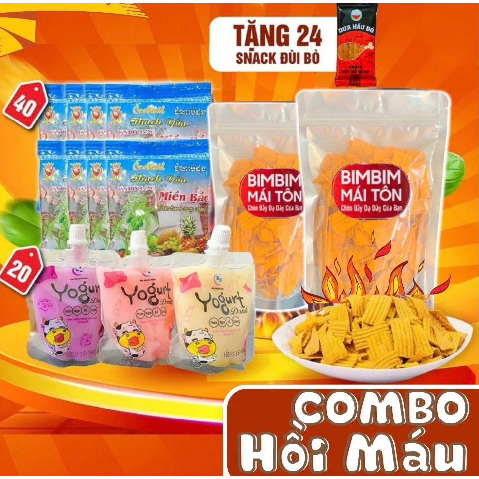COMBO Hồi Máu : Bim Bim Mái Tôn + 40 Gói Thạch Dừa + 20 Gói Sữa Yogurt + 24 Gói Đùi Bò Quay, đồ ăn vặt Dưa Hấu Đỏ
