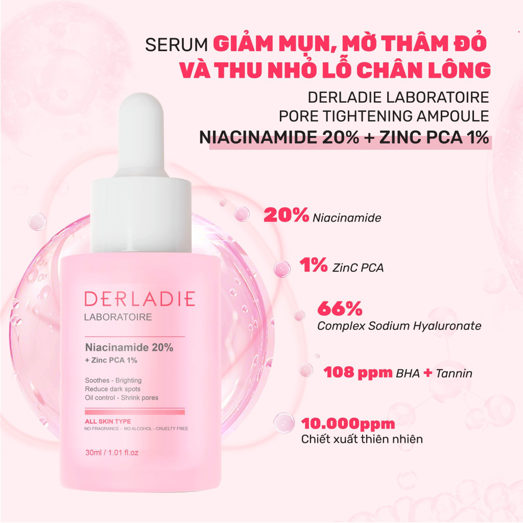 Ảnh Bộ Đôi Toner Derladie 500ml, Serum Derladie Laboratoire Pore Tightening Ampoule Niacinamide 20% + Zic PCA 1% 30 3