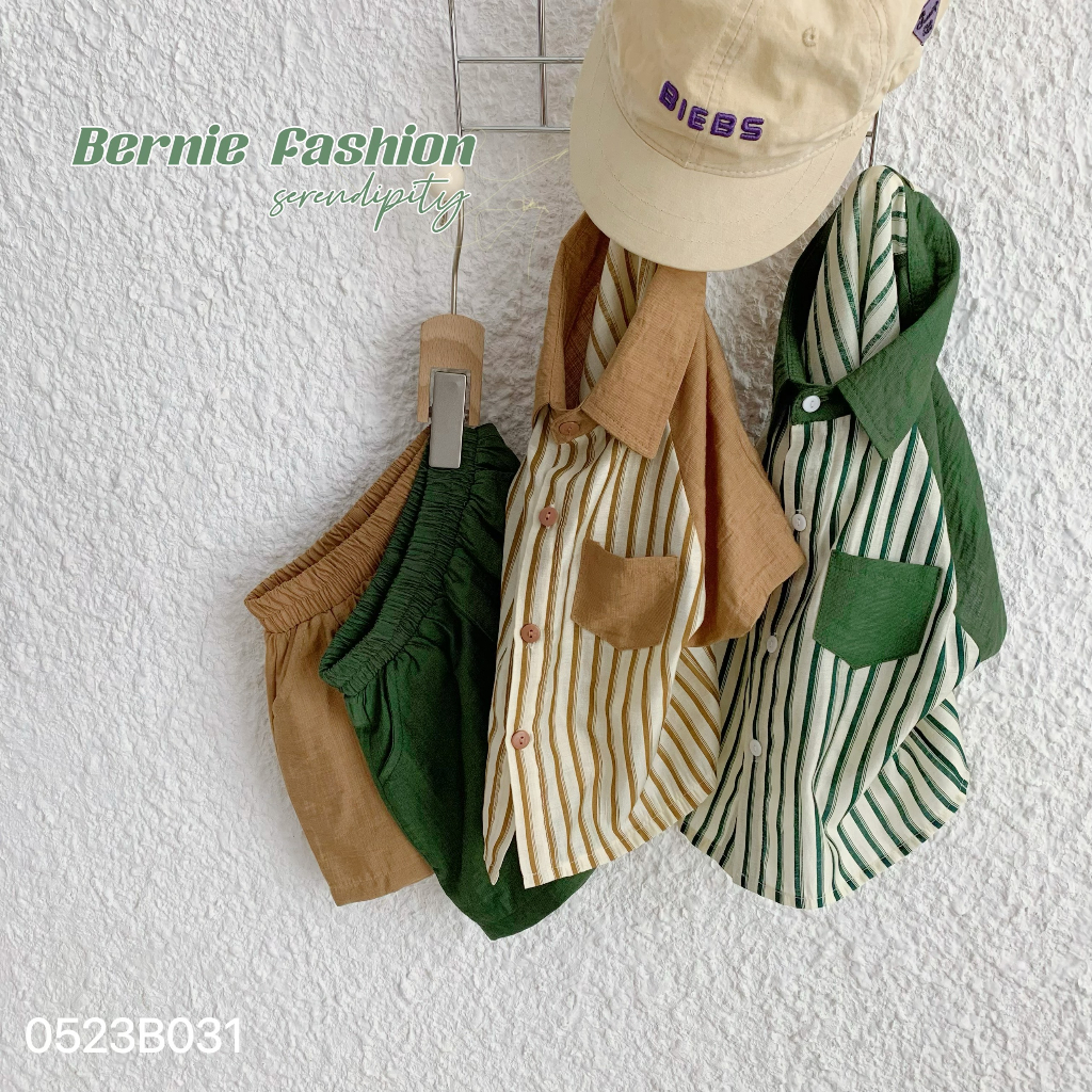 Bộ sơ mi kẻ cổ đức cho bé trai, set sơ mi cộc quần đùi công tử bé trai Bernie