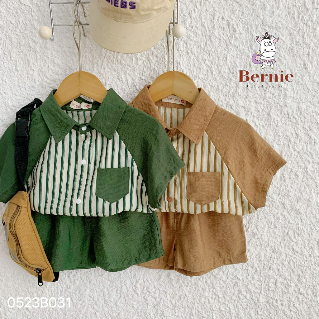 Bộ sơ mi kẻ cổ đức cho bé trai, set sơ mi cộc quần đùi công tử bé trai Bernie