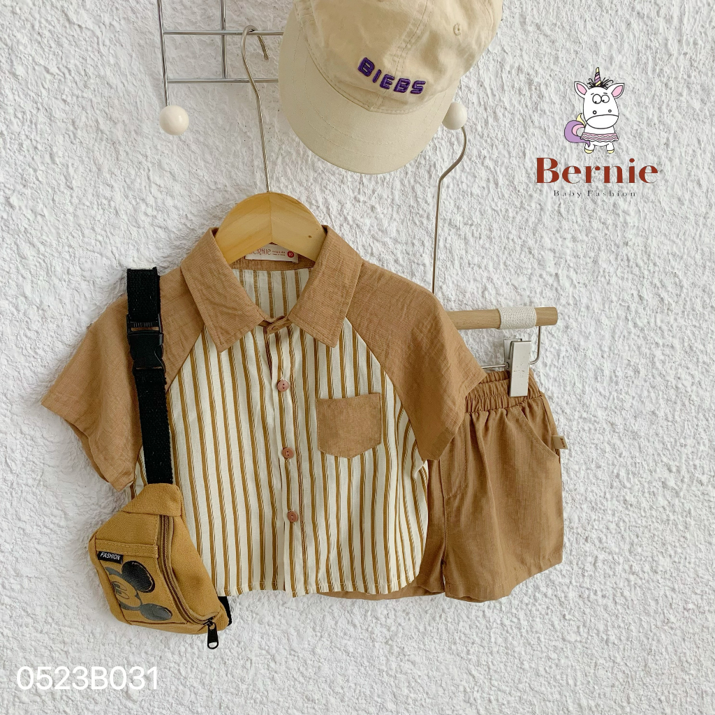 Bộ sơ mi kẻ cổ đức cho bé trai, set sơ mi cộc quần đùi công tử bé trai Bernie