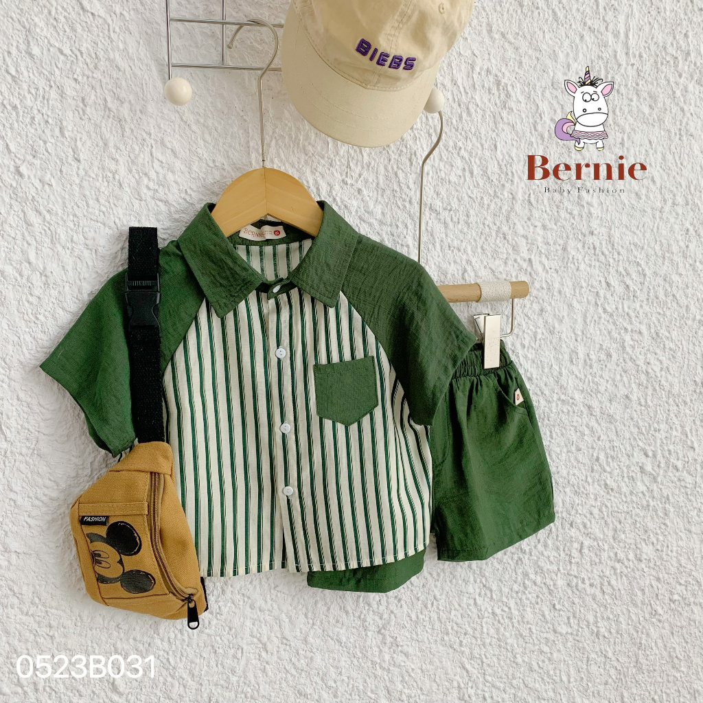 Bộ sơ mi kẻ cổ đức cho bé trai, set sơ mi cộc quần đùi công tử bé trai Bernie