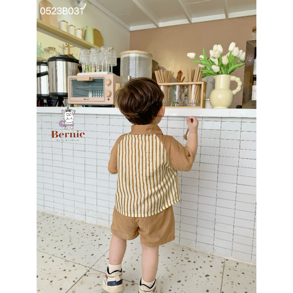 Bộ sơ mi kẻ cổ đức cho bé trai, set sơ mi cộc quần đùi công tử bé trai Bernie