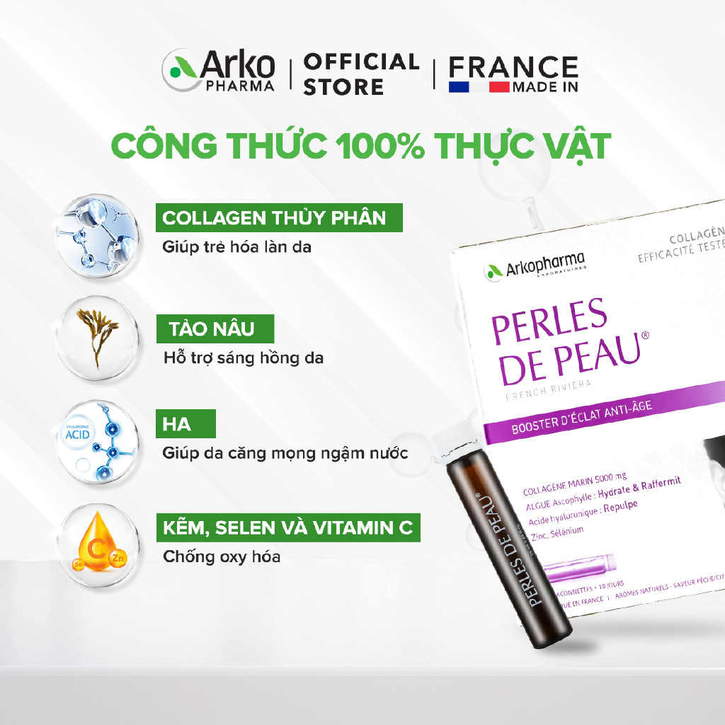 Ảnh Nước uống Collagen cô đặc 5000mg chống lão hóa, mờ nếp nhăn, sáng da Tảo nâu Arkopharma 10 ống x 25ml 2