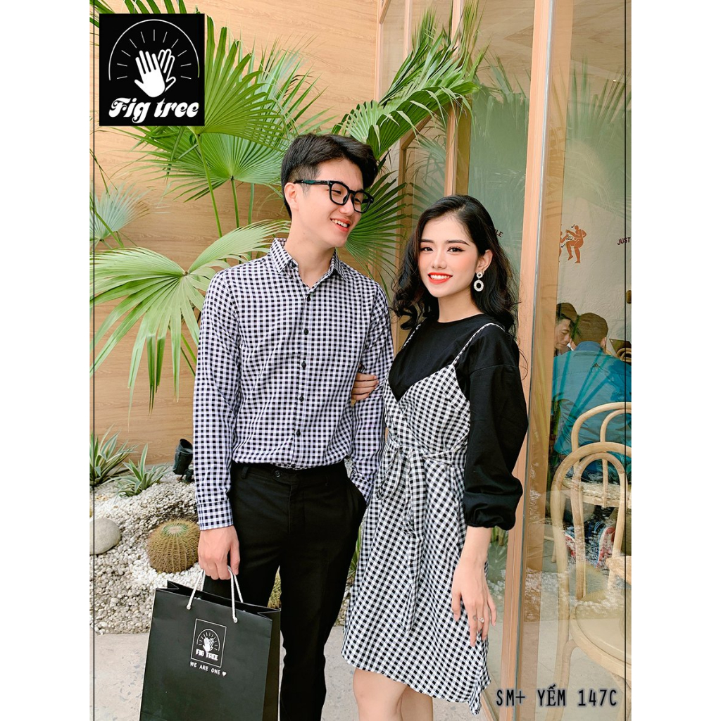 Set Sơ Mi Yếm Đôi Fig Tree Caro Đen Mã 147C Nữ Kèm Áo Thun