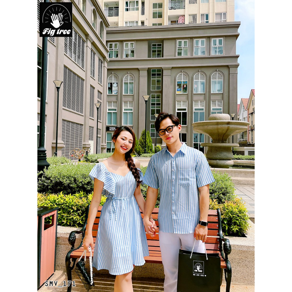 Set Sơ Mi Váy Đôi Fig Tree Sọc Trắng Xanh Model cho Couple, Thiết kế Mới Váy Lệch Vai Trendy, Mã 171