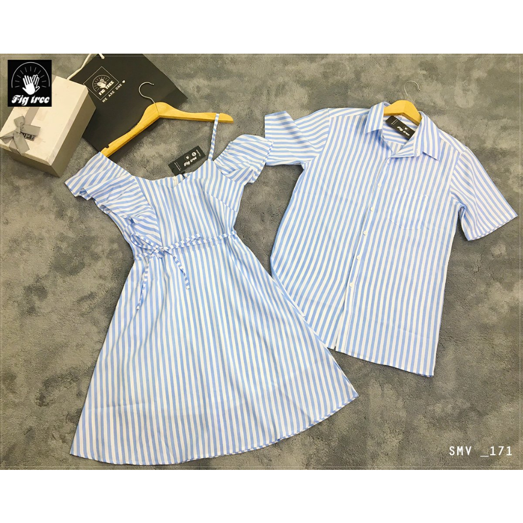 Set Sơ Mi Váy Đôi Fig Tree Sọc Trắng Xanh Model cho Couple, Thiết kế Mới Váy Lệch Vai Trendy, Mã 171