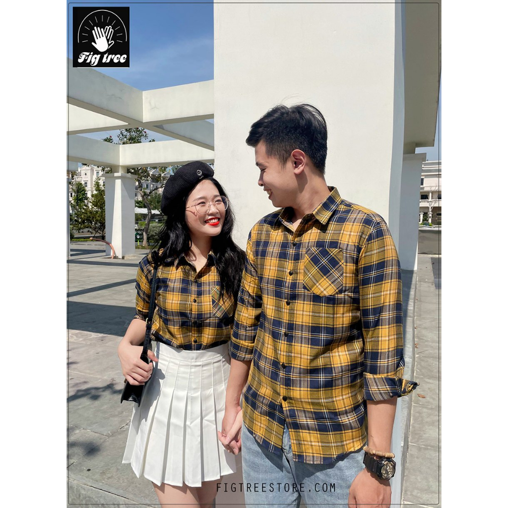 Set Áo Sơ Mi Cặp Fig Tree Sọc Caro Vàng Cotton Tươi Mới ( Mã 179B)