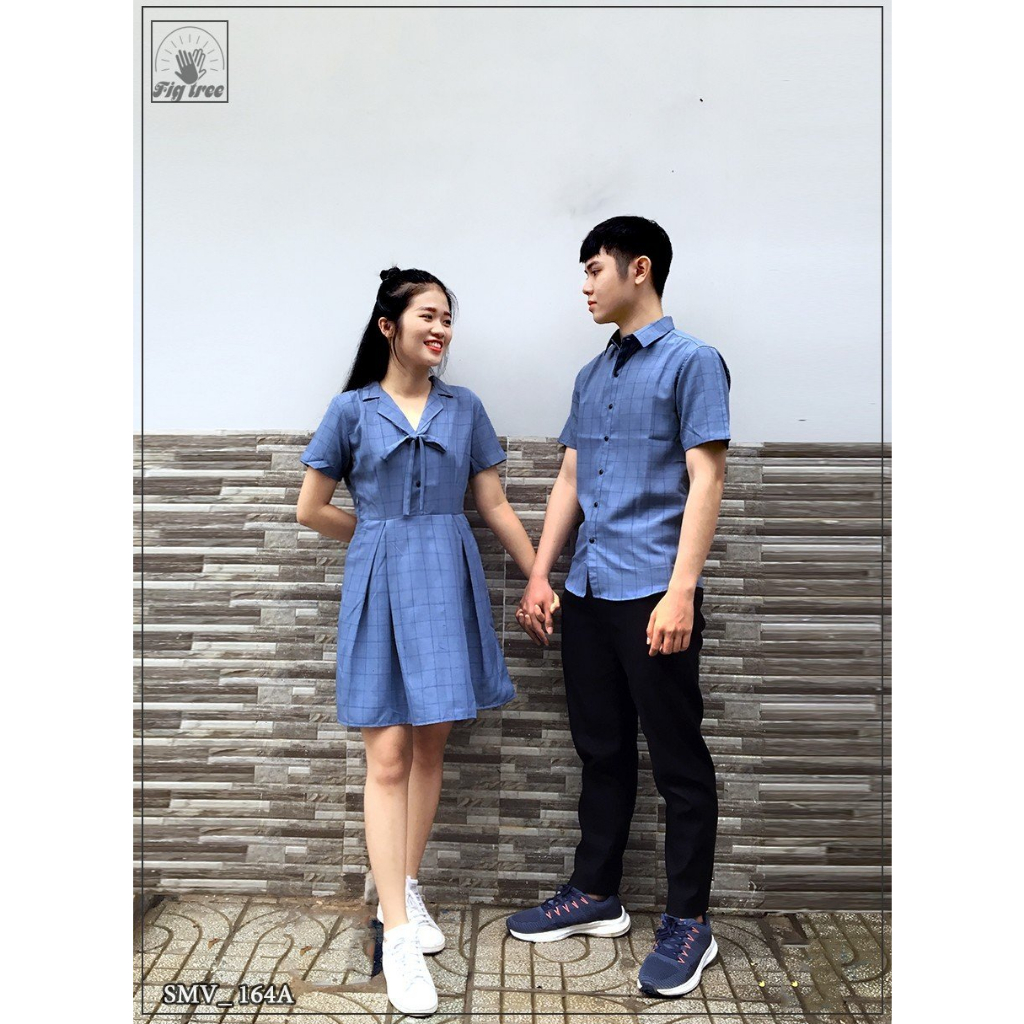Set Sơ Mi Váy Đôi Fig Tree Caro Xanh Rêu Mã 164A Siêu Đẹp