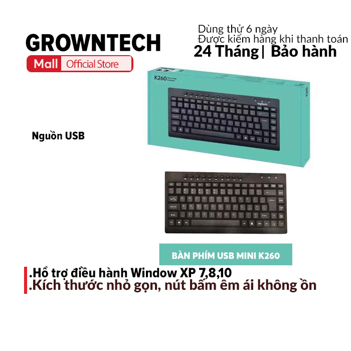Bàn phím mini USB K260 có dây thiết kế nhỏ gọn, tiện dụng, sử dụng cho điện thoại, máy tính bảng, PC GrownTech
