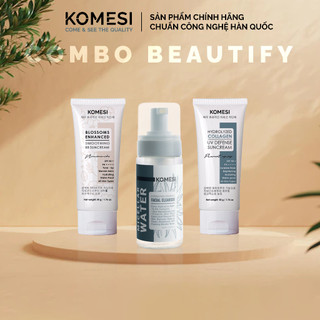 Combo Kem Nền Chống Nắng, Kem Collagen Chống Nắng và Phục Hồi Sau Đi Nắng và Bọt Nha Đam Tẩy Trang KOMESI BEAUTIFY