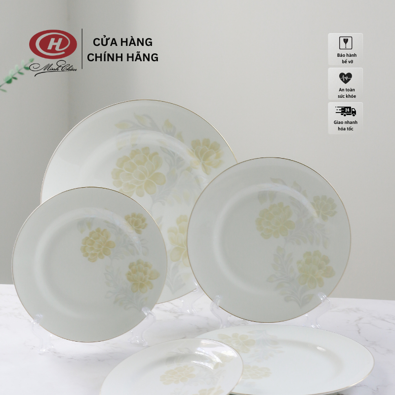 [Sứ Siêu Nhẹ] Đĩa Tròn Cạn Sứ Xương Hoa Kẻ Vàng - Sứ Minh Châu
