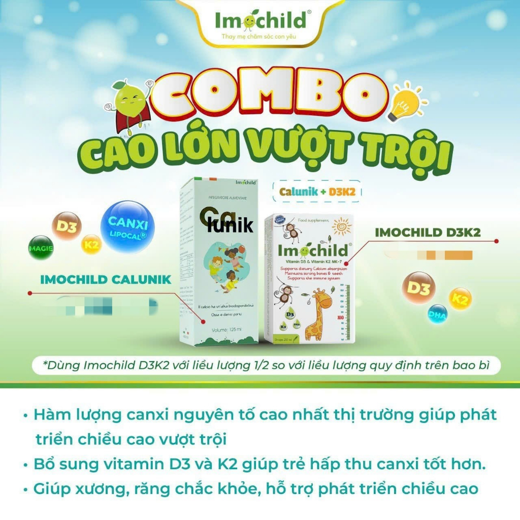 [✨HOTSALE] Combo Canxi Sinh Học D3 K2 IMOCHILD CALUNIK LIPOCAL Hỗ Trợ Tăng Chiều Cao Xương Chắc Khỏe