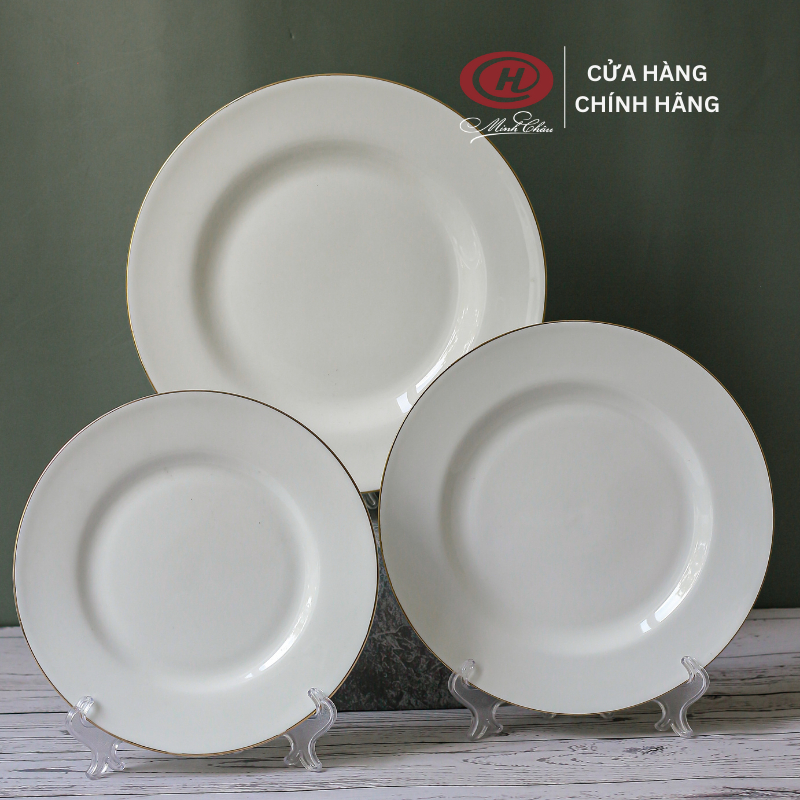 [Sứ Siêu Nhẹ] Đĩa Tròn Cạn Sứ Xương Viền Vàng 12K - Sứ Minh Châu