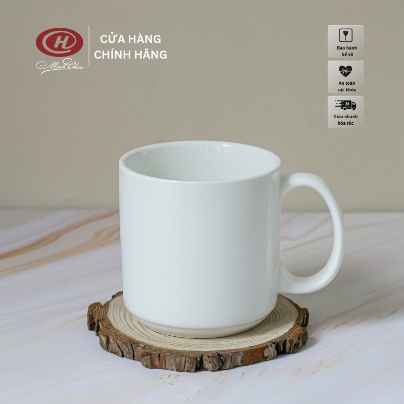 Cốc Nước Sứ Trắng Trơn 350ml Trụ Cao Có Quai - Sứ Minh Châu - CN07