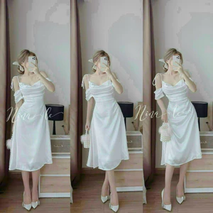 Váy đầm nữ thiết kế dự tiệc, đầm lụa hot 2 dây cổ đổ trễ vai cột dây dáng dài, đầm xếp ly ngực hở vai sang chảnh dx
