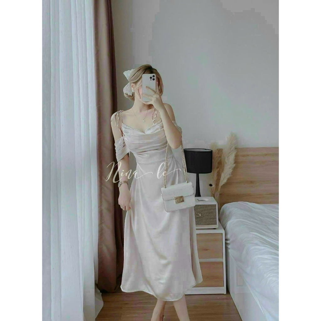 Váy đầm nữ thiết kế dự tiệc, đầm lụa hot 2 dây cổ đổ trễ vai cột dây dáng dài, đầm xếp ly ngực hở vai sang chảnh dx