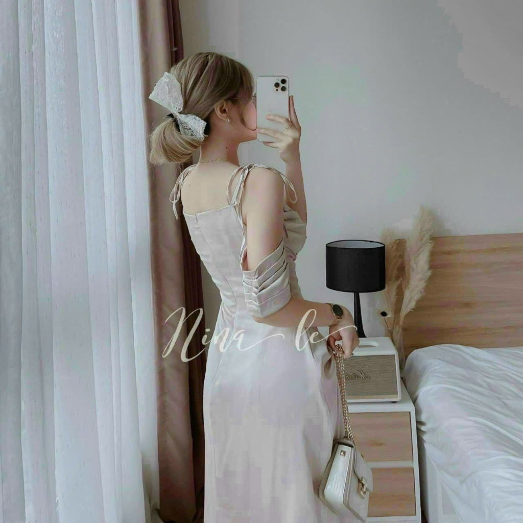 Váy đầm nữ thiết kế dự tiệc, đầm lụa hot 2 dây cổ đổ trễ vai cột dây dáng dài, đầm xếp ly ngực hở vai sang chảnh dx