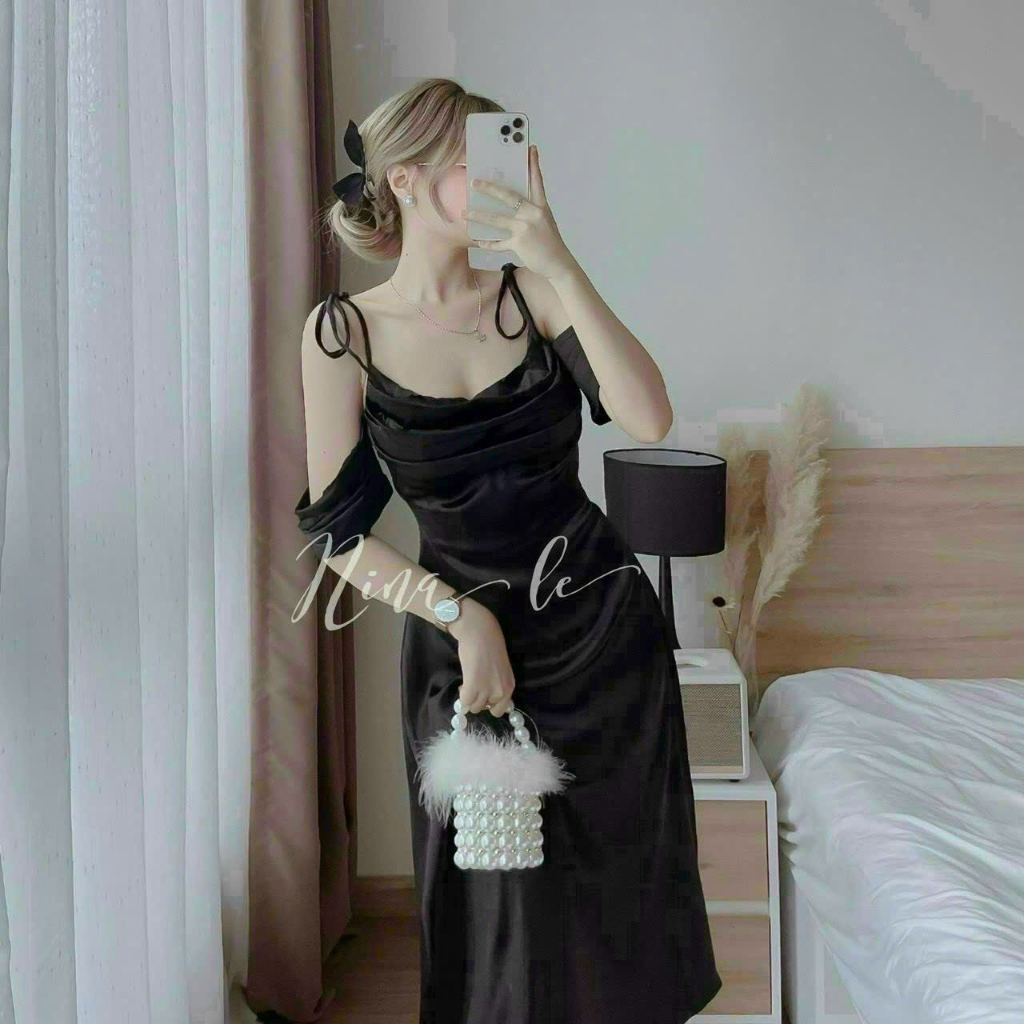 Váy đầm nữ thiết kế dự tiệc, đầm lụa hot 2 dây cổ đổ trễ vai cột dây dáng dài, đầm xếp ly ngực hở vai sang chảnh dx