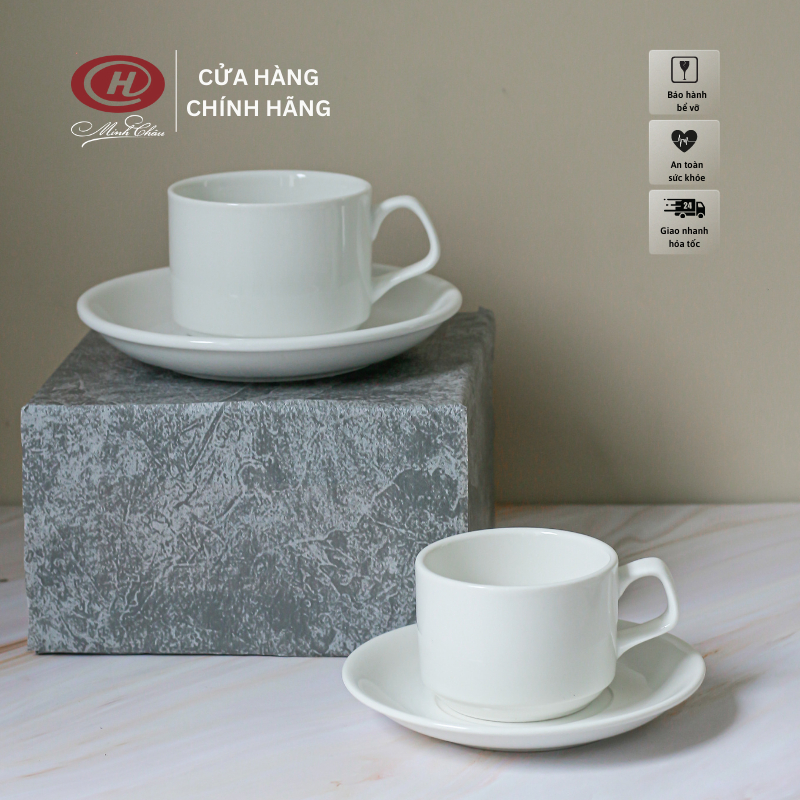 Tách Cafe và Đĩa Lót Tách Trắng Trơn - Sứ Minh Châu - Vỡ 1 Đổi 1