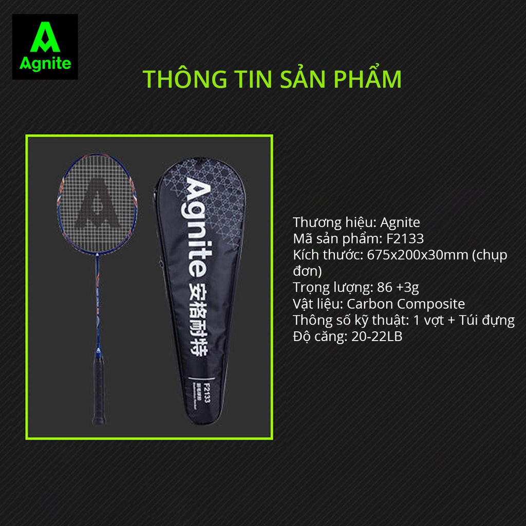 1 chiếc vợt cầu lông đơn cao cấp AGNITE chính hãng - khung carbon siêu bền, nhẹ, đẹp - tặng kèm túi đựng, căng sẵn dây