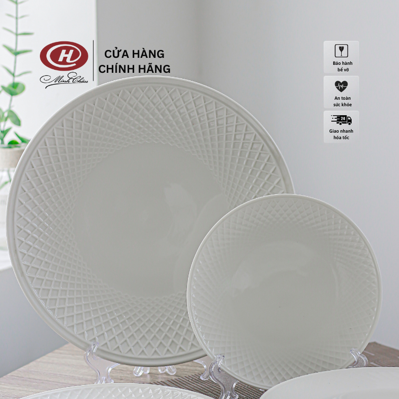 Đĩa Tròn Cạn Viền Sần Phong Cách Nhật Bản - Sứ Minh Châu - Vỡ 1 Đổi 1