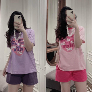 Set Bộ Đồ Nữ Áo Phông Tim Hồng Chữ HOPE Phối Viền Cổ Mix Quần Sooc Đùi Ống Rộng