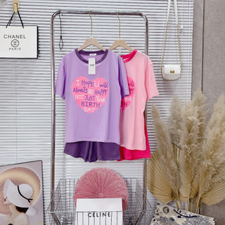 Set Bộ Đồ Nữ Áo Phông Tim Hồng Chữ HOPE Phối Viền Cổ Mix Quần Sooc Đùi Ống Rộng