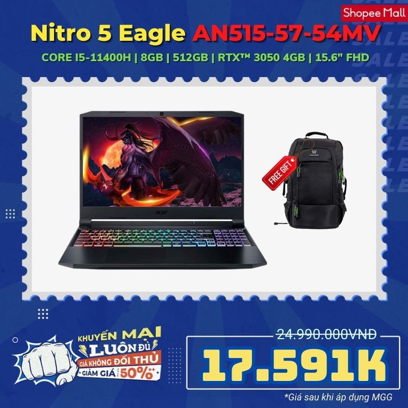 [Mã ELCL12 giảm 12% đơn 10TR] Laptop Acer Nitro 5 Eagle AN515-57-54MV (Core i5-11400H + RTX 3050)