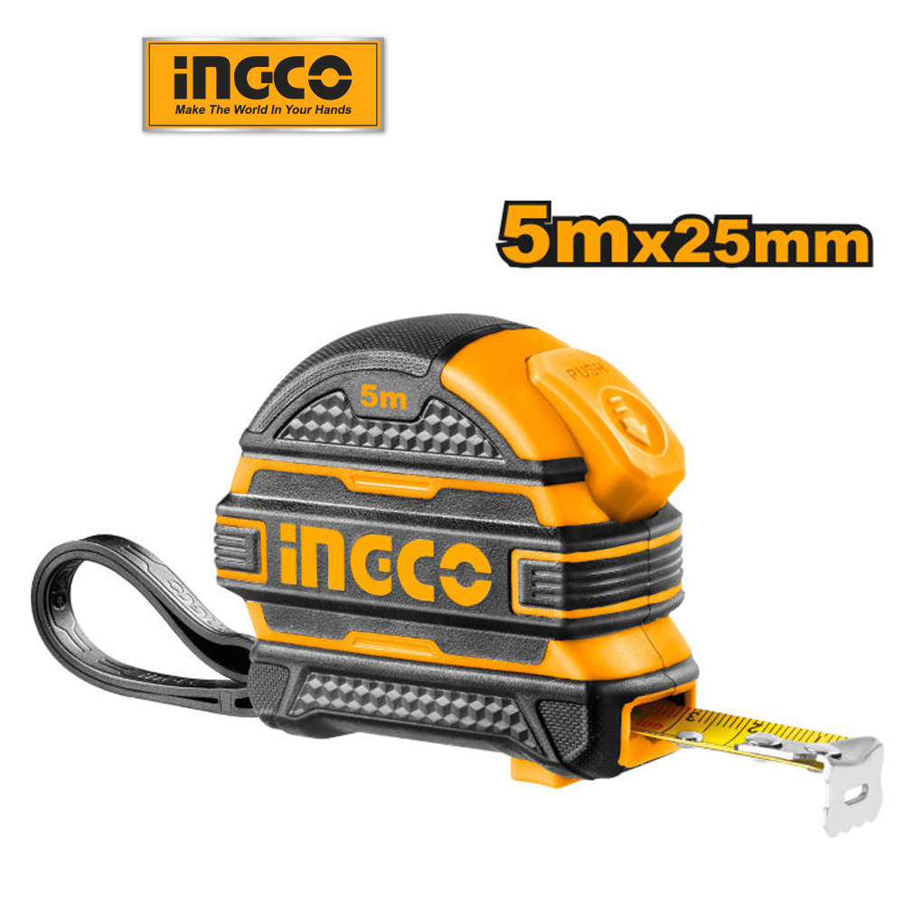 Thước cuộn 5m giá rẻ INGCO HSMT08525 chất liệu thép màu vàng đen 5mx25mm