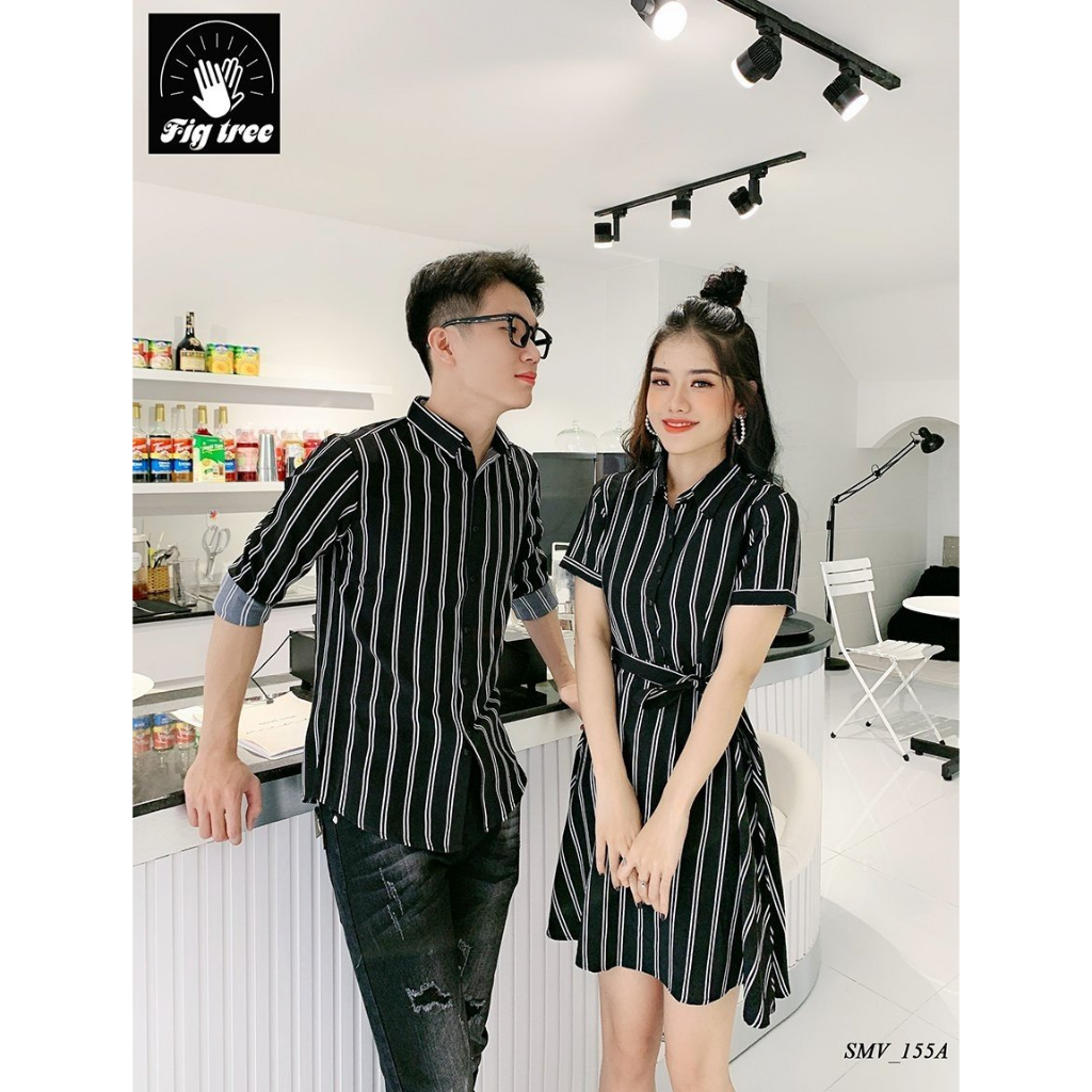 Set Sơ Mi Váy Đôi Fig Tree Sọc Đen Trắng Cho Couple (MS 155A)
