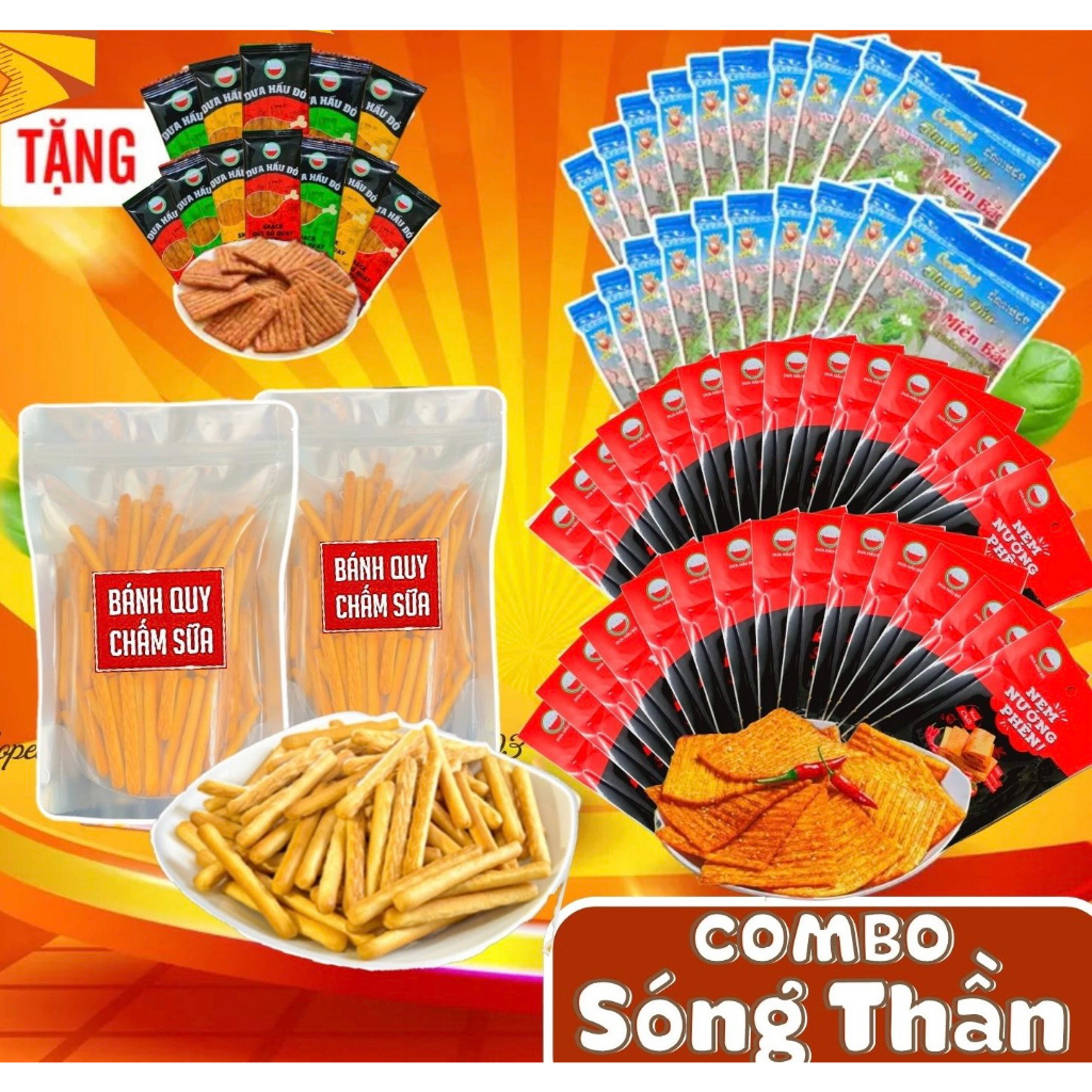 COMBO Sóng Thần : 30 Gói Nem Nướng Phên, 40 Gói Thạch Dừa, 1 Bánh Quy TẶNG 12 Gói Đùi Bò Quay, Đồ Ăn Vặt Dưa Hấu Đỏ
