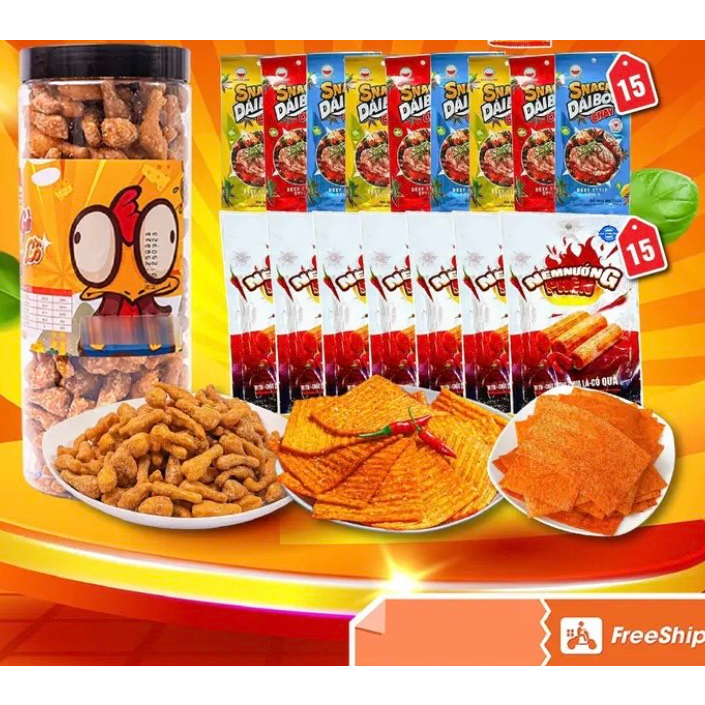 COMBO TỐC HÀNH: Đùi Gà Phô Mai + 15 Gói Nem Nướng Phên + 15 Gói Snack Dải Bò Chay, Ăn Vặt Bà Tuyết Diamond