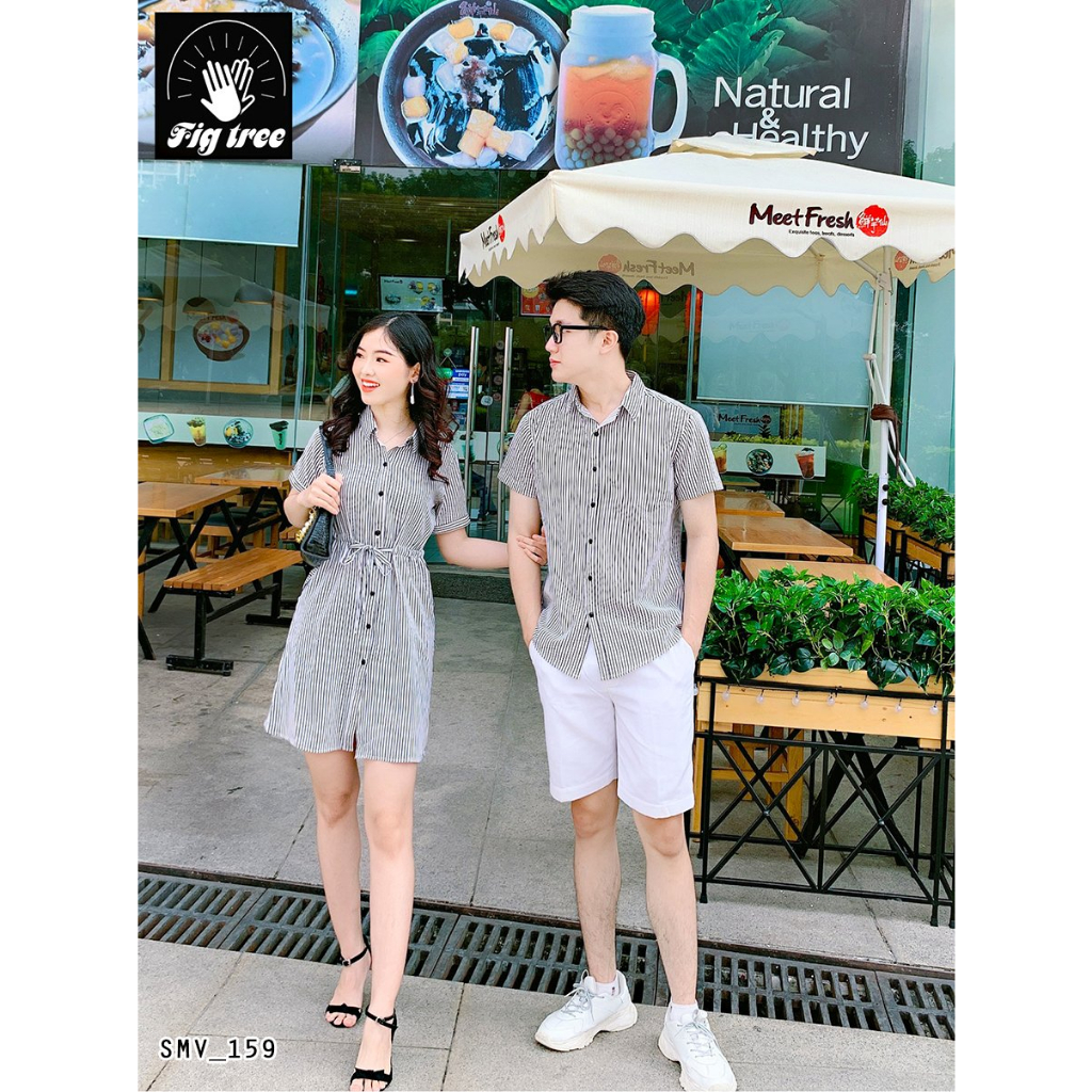 Set Sơ Mi Váy Đôi Fig Tree Sọc Đứng Trắng Đen Cho Couple Đi Chơi, Dạo Phố, Du Lịch, Có Size, Ms 159