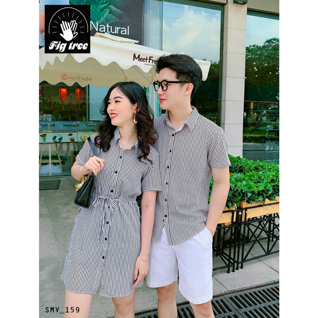 Set Sơ Mi Váy Đôi Fig Tree Sọc Đứng Trắng Đen Cho Couple Đi Chơi, Dạo Phố, Du Lịch, Có Size, Ms 159