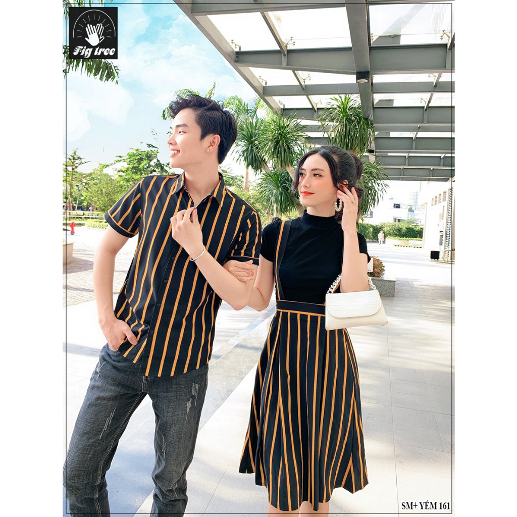 Set Đồ Đôi Fig Tree Áo Sơ Mi Nam, Set Yếm Nữ, Sọc Vàng Đen 161 (hàng thiết kế, Yếm Kèm Áo Thun)