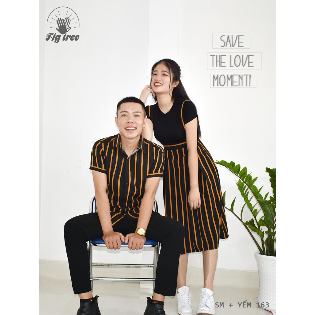 Set Đồ Đôi Fig Tree Áo Sơ Mi Nam, Set Yếm Nữ, Sọc Vàng Đen 161 (hàng thiết kế, Yếm Kèm Áo Thun)
