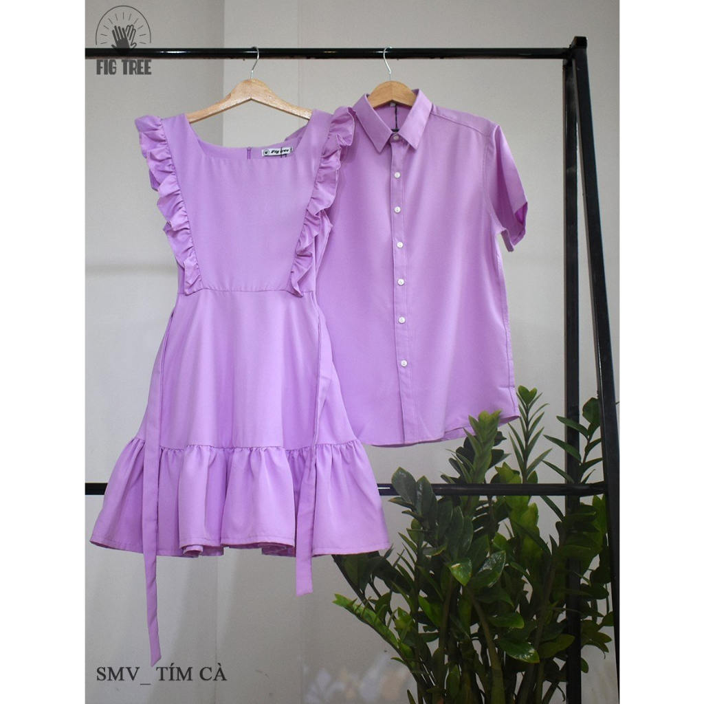 Combo Sơ Mi Váy Gia Đình Fig Tree Màu Tím Cà (Mẹ váy Cánh tiên Trendy - hàng thiết kế)