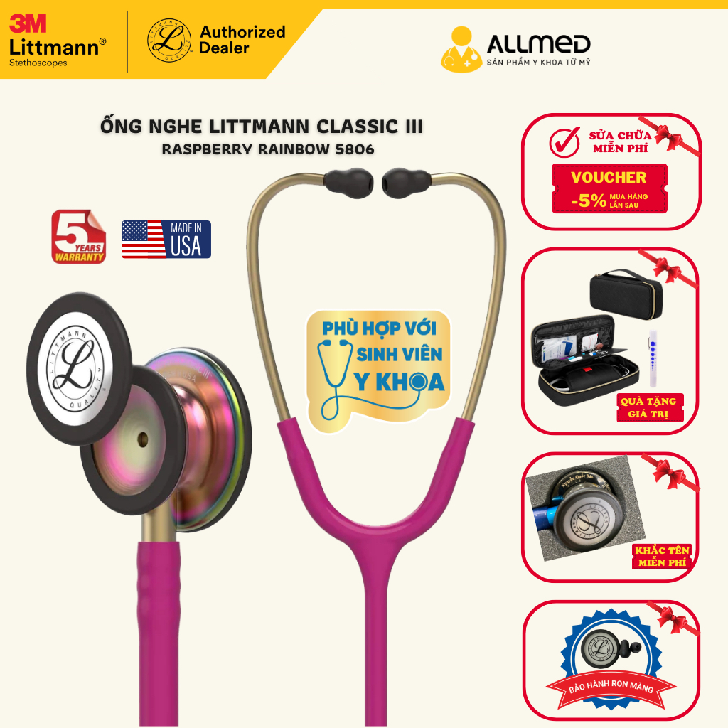 Ống nghe Littmann Classic III ™ màu Raspberry Rainbow (Special) 5806 ...