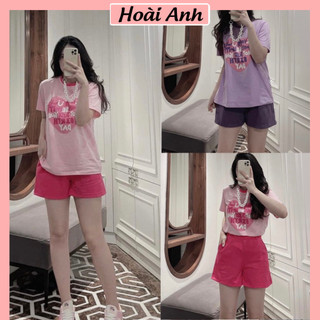 Set Bộ Đồ Nữ Áo Phông Tim Hồng Chữ HOPE Phối Viền Cổ Mix Quần Sooc Đùi Ống Rộng
