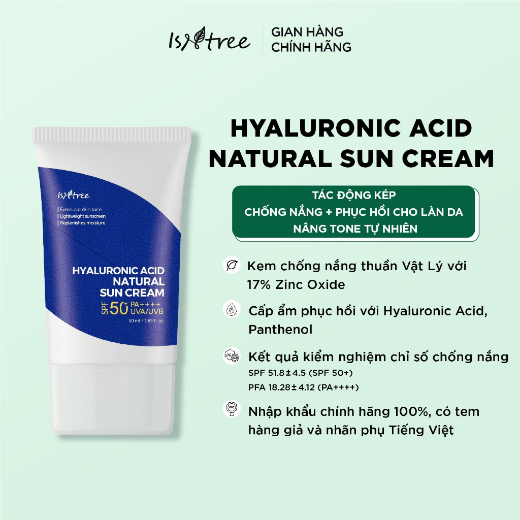 Kem chống nắng vật lý ISNTREE Hyaluronic Acid Natural Sun Cream 50ml