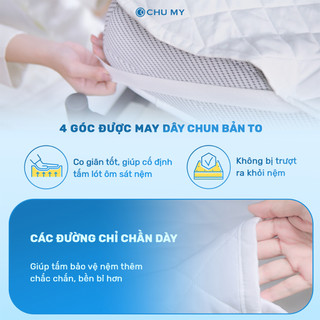 Tấm bảo vệ nệm CHU MY 100% polyester, 3 lớp chần bông kiểu ô vuông, hạn chế thấm nước và bụi bẩn
