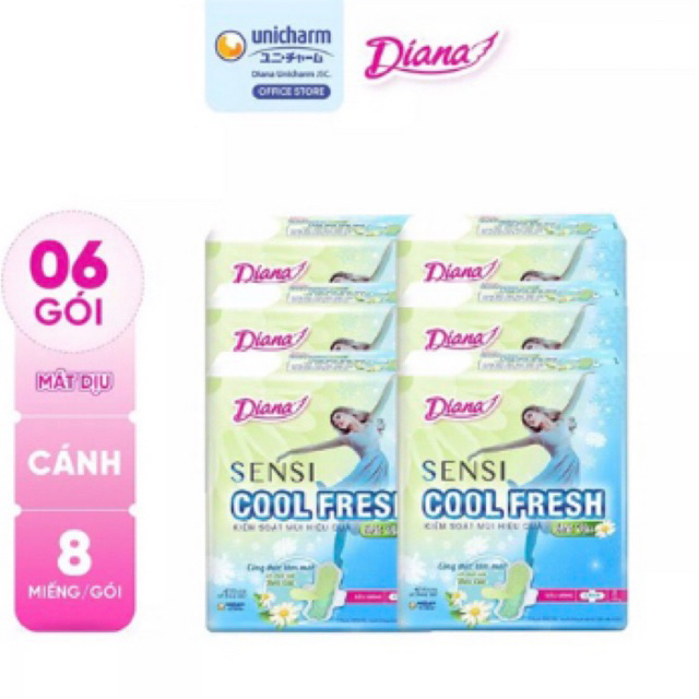 Bộ 6 gói băng Vệ Sinh Diana Sensi Cool Fresh Mát Dịu Siêu Mỏng Cánh 8 miếng