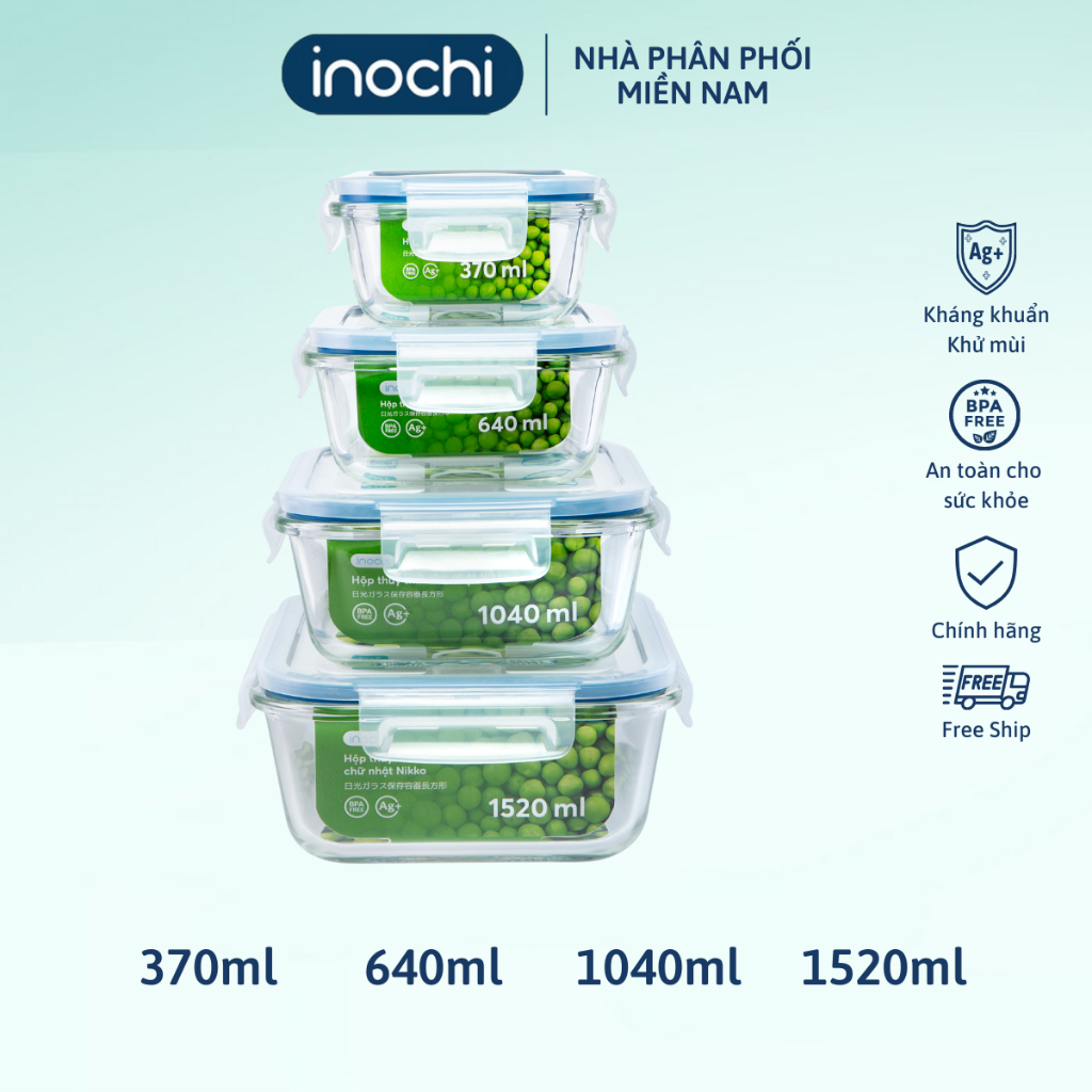 Ảnh Hộp thuỷ tinh chữ nhật Inochi Nikko, thiết kế nắp kín chống rò rỉ, sử dụng được trong lò nướng, hộp đựng cơm cao cấp 1